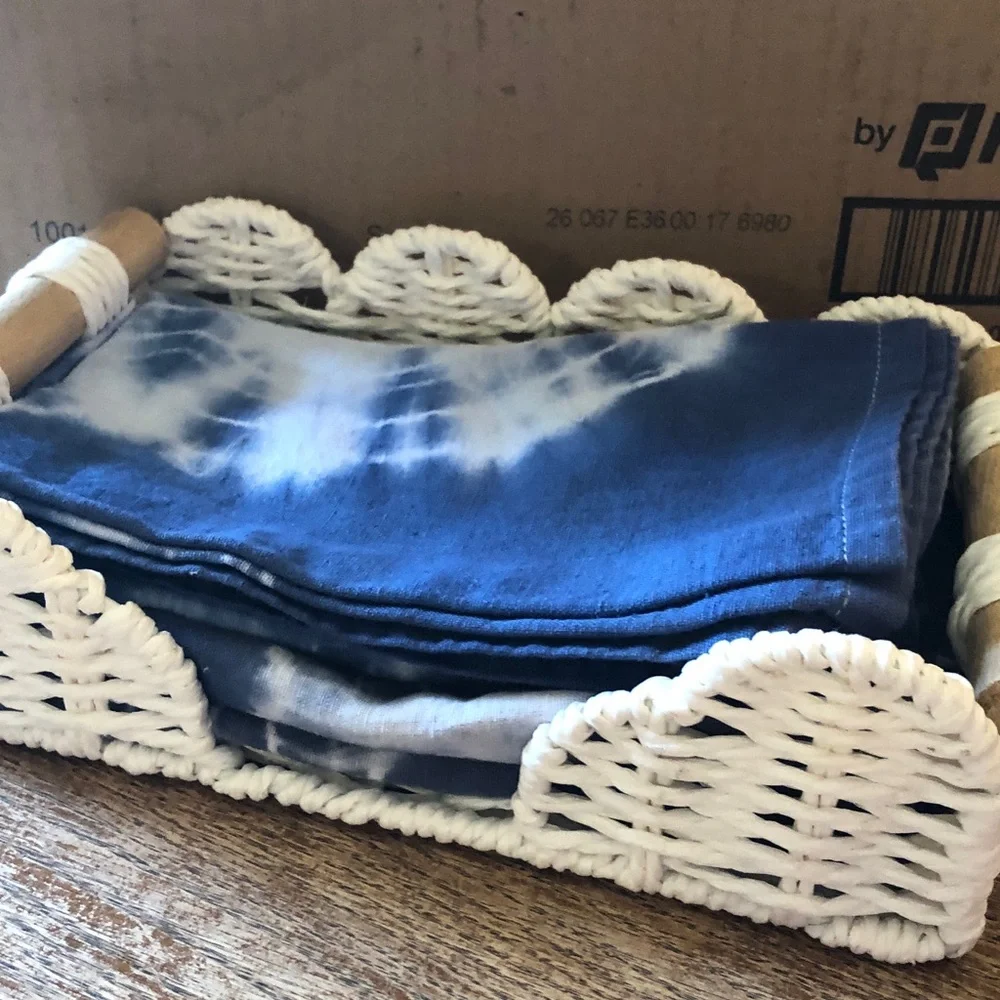 Blue Tie-Dye Cotton Napkins & White Wicker Napkin Holder set - Home Accents